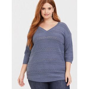 Torrid Pointelle Pullover V-Neck Tunic Sweater Blue Size 3